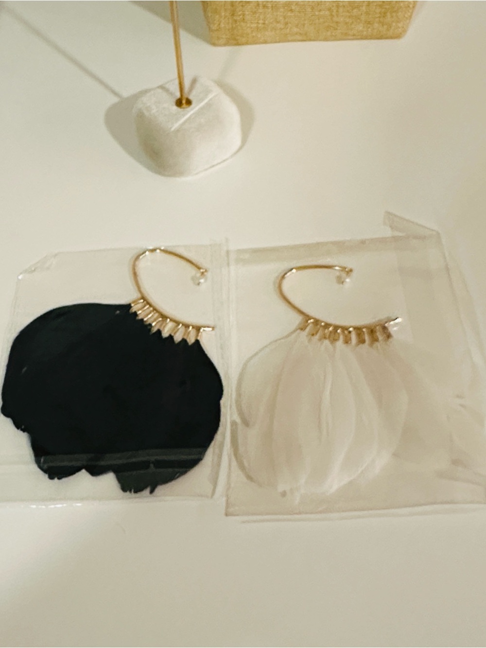 Gold Hoop Feather Drop Earrings - Black and White